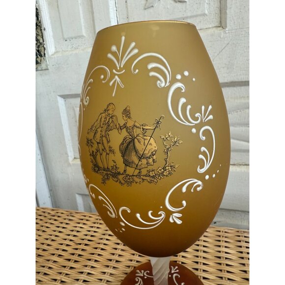 Vintage MCM Large Pedestal Vase Goblet Amber satin Glass Courting Couple 12" - Picture 7 of 10
